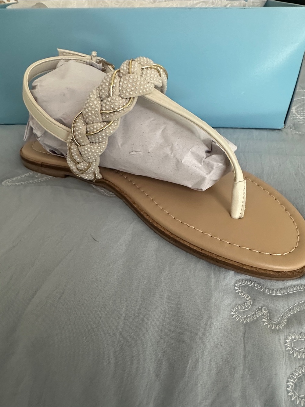 Draper James Pearl-Braided T-Strap Sandal in Cream